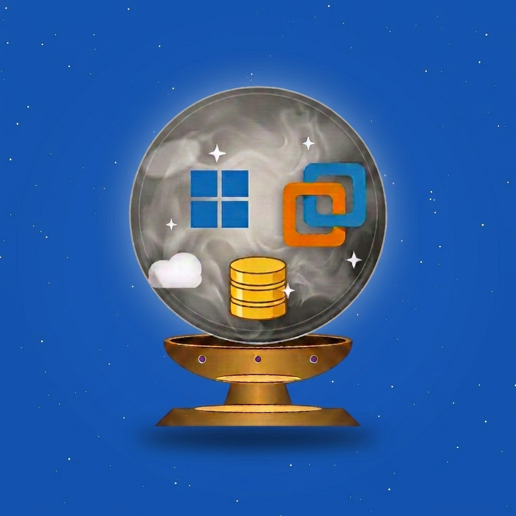 Ilustrace křišťálové koule s ikonami Windows, SQL a VMware.